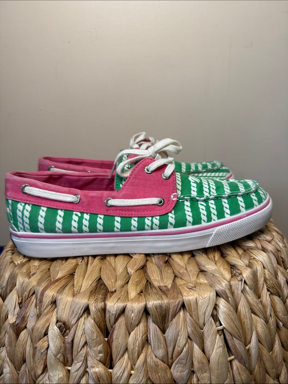 Sperry Green & Pink Rope-Striped Canvas Boat Shoes - Picture 2 of 3